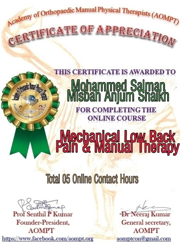 Online Course Certificate for Mechanical Low Back Pain & Manual Therapy Online Course Certificate for Mechanical Low Back Pain & Manual Therapy